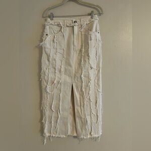 Topshop Cream Distressed Fringe Denim Skirt